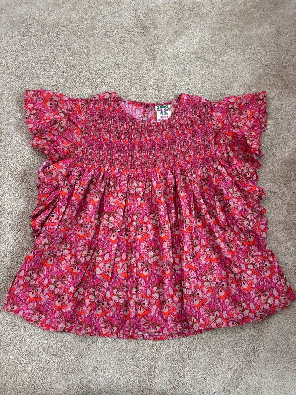Women’s ' Pink Floral Smocked Flutter-Sleeve Top